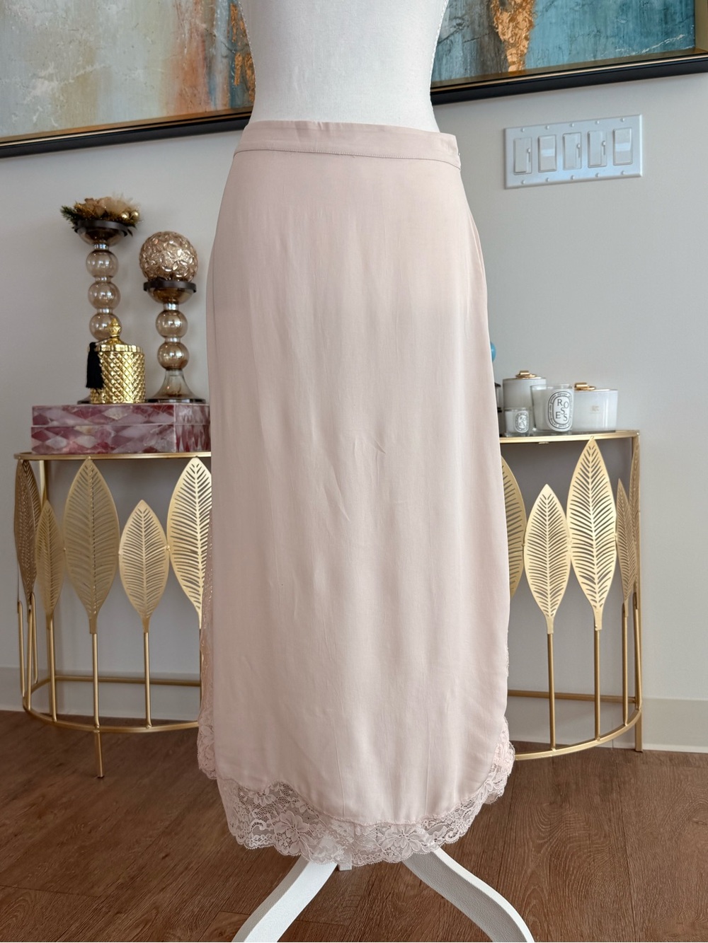 Pale Pink Lace-Trim Midi Slip Skirt with Lace